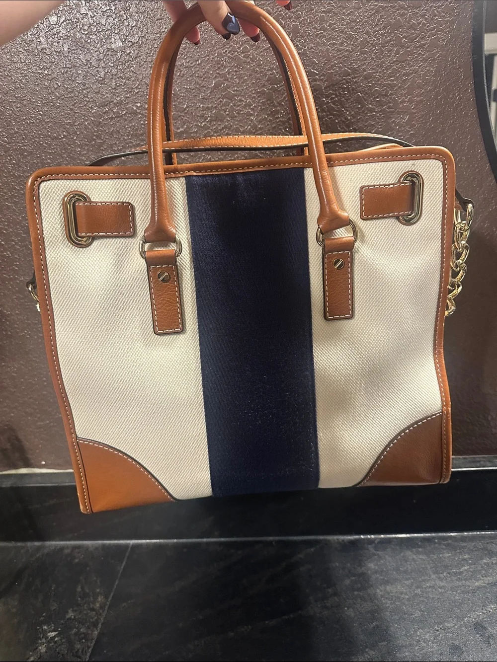 Michael Kors Cream Canvas Satchel with Navy Stripe and Brown Leather Trim